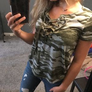 Camouflage tie V-neck top